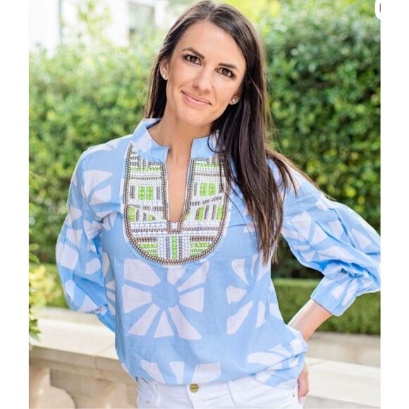 NWOT Sheridan French Beaded Olivia tunic in blue, Sm $395 E5 - Picture 1 of 10